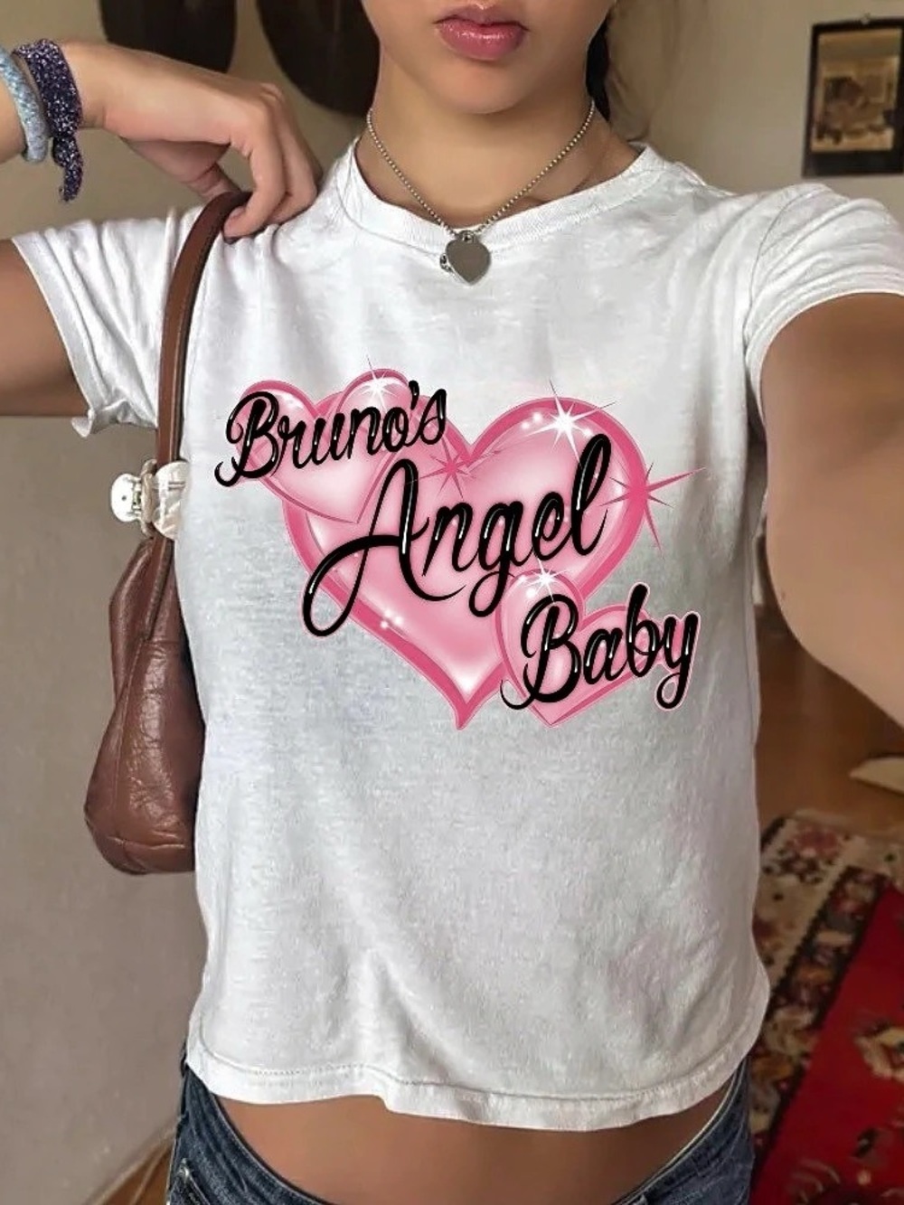 Bruno's Angel Baby Hearts Sparkles Vintage White Baby Tee
